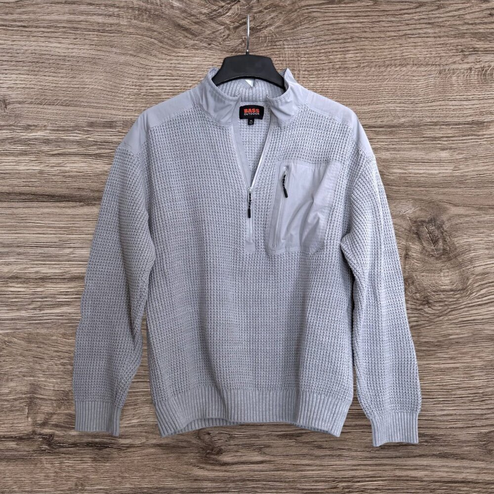 Bass Outdoor Quarter Zip Sweater Gray Waffle Knit Pullover Men XL Utility Pocket